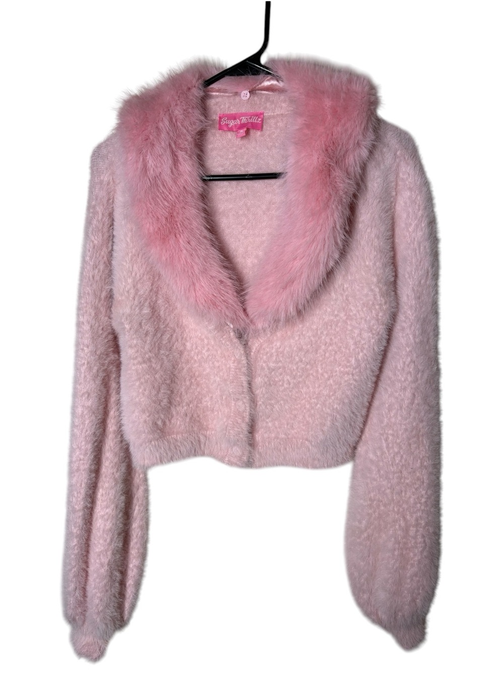 {EUC} Sugar Thrillz Pink Fuzzy Faux Fur Collar Cropped Cardigan Sweater S